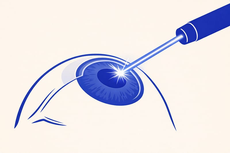 Illustration d’un œil traité au laser pour corriger un défaut visuel (chirurgie réfractive par laser)