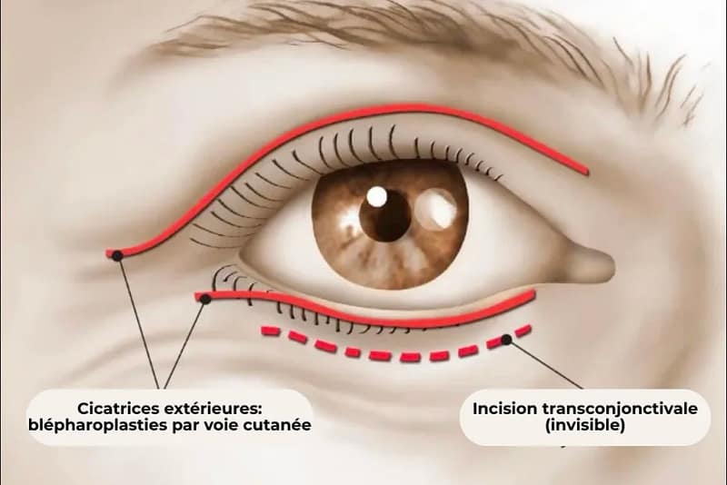 Schéma de blépharoplastie inférieure par voie conjonctivale montrant une incision à l’intérieur de la paupière, sans cicatrice cutanée visible.