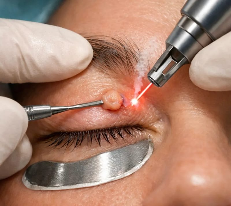 Photo illustrant un traitement au laser CO2 d’une lésion bénigne de la paupière (oculoplastie)