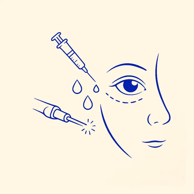Icône d’un visage avec seringue et gouttes représentant la médecine esthétique